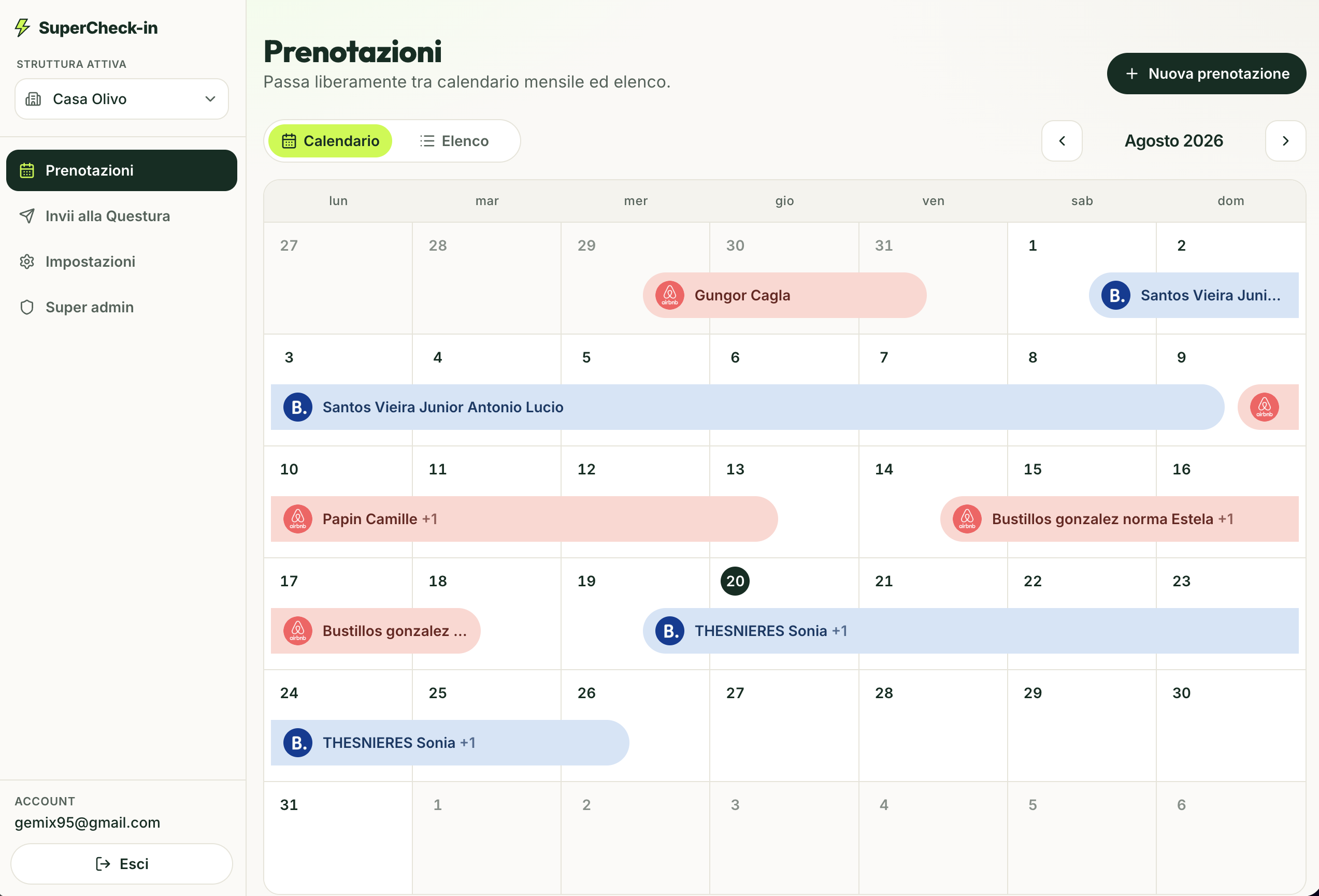 Workspace SuperCheck-in con calendario check-in